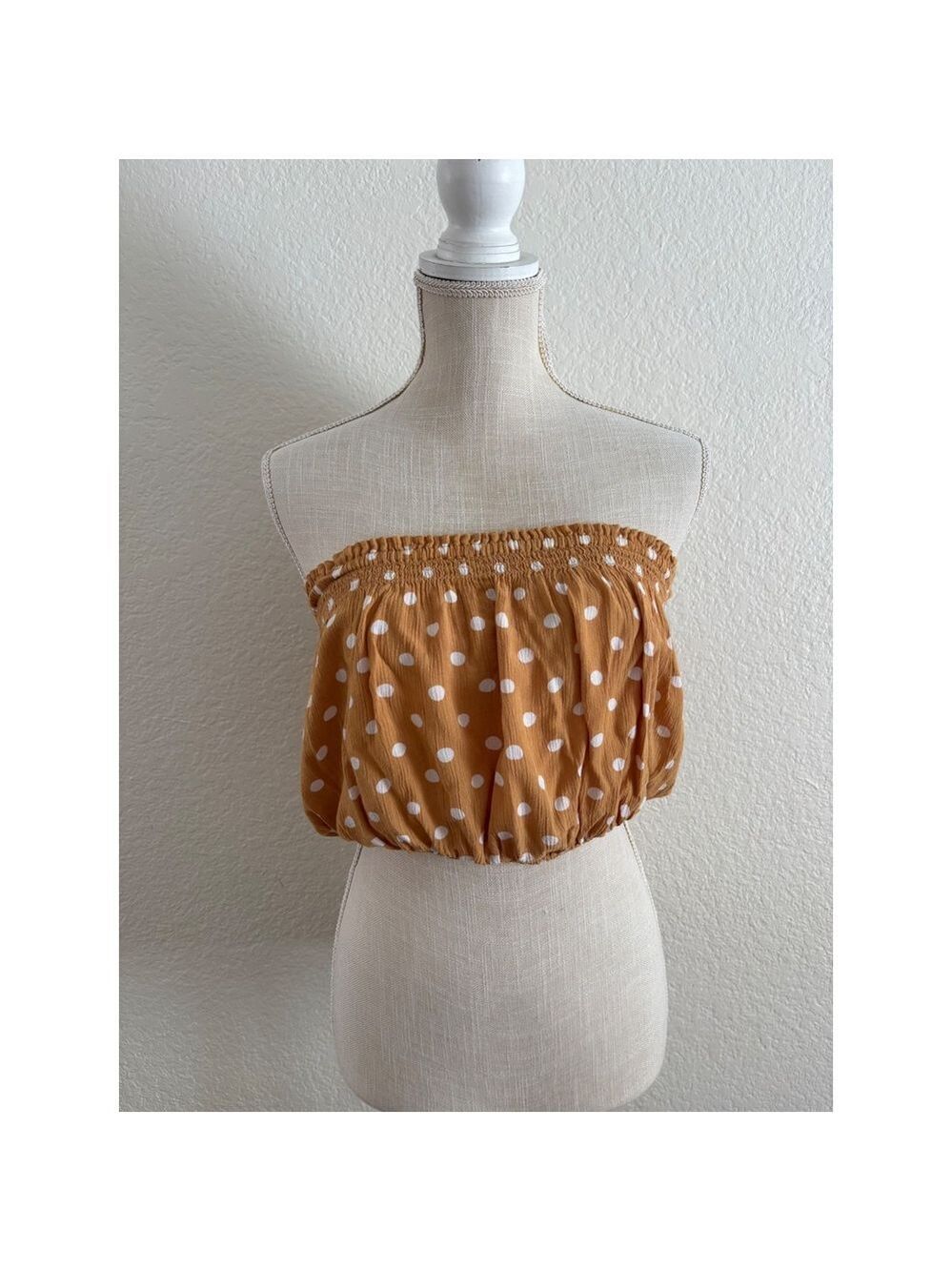 Billabong Tube Top Large‎ Mustard Yellow Polka Dot Smocked Cropped Strapless